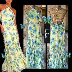 Lulus Casey Yellow Floral Halter Ruffled Open Tie Back Maxi Dress Size XL